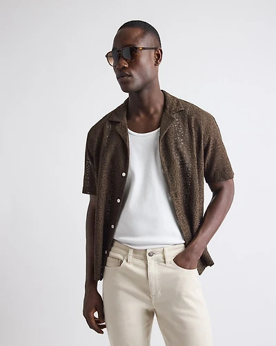 Short-Sleeve Lace Shirt with Camp Collar