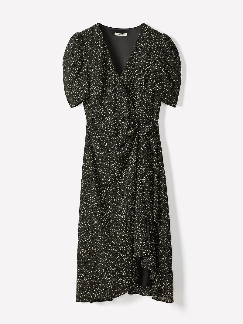 Short-Sleeve Chiffon Midi Dress with Lace Trim
