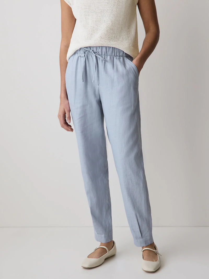 Pantalon Jogger en Lin à Taille Mi-Haute et Jambe Fuselée