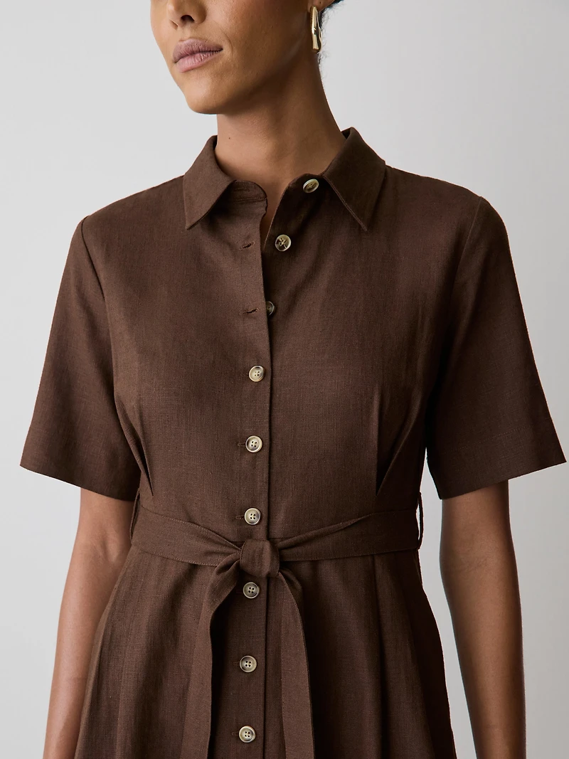 Short-Sleeve Linen-Blend Midi Dress with Shirt Collar