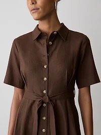 Short-Sleeve Linen-Blend Midi Dress with Shirt Collar