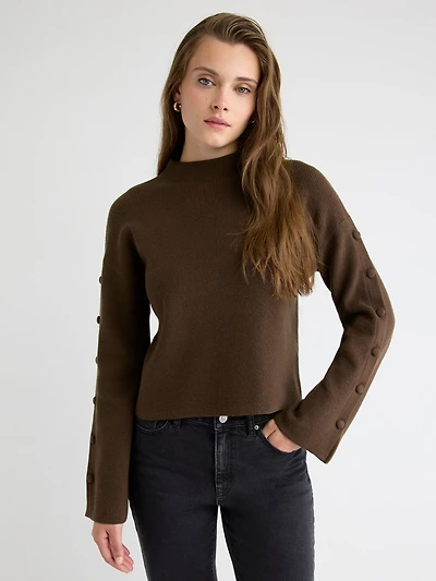 Pull à Manches Longues avec Boutons et Col Montant