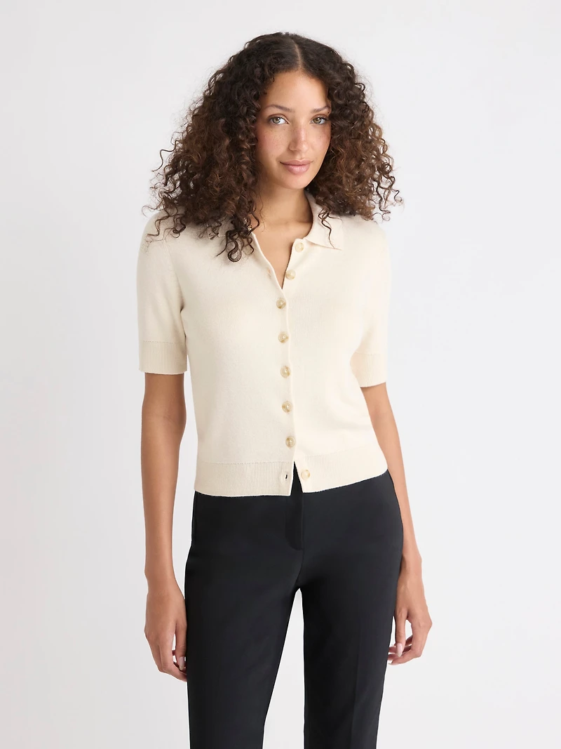 Cardigan Court à Manches aux Coudes avec Col Chemisier