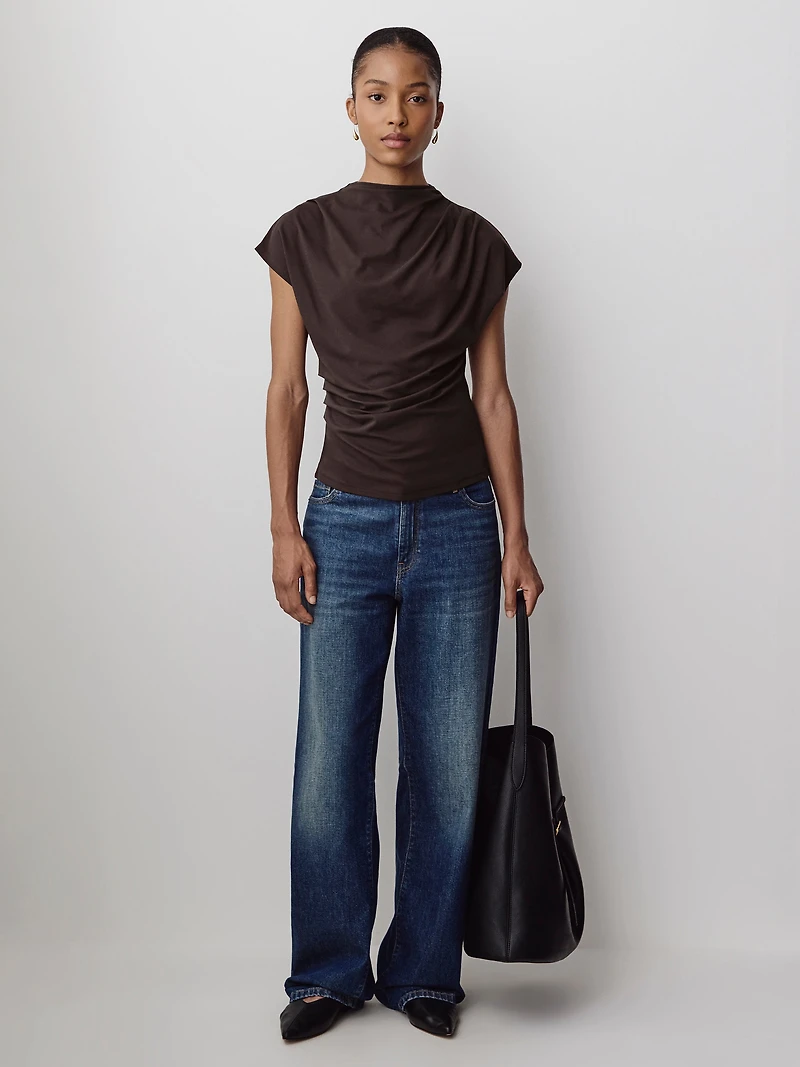 Extended-Sleeve Crew-Neck Draped Top