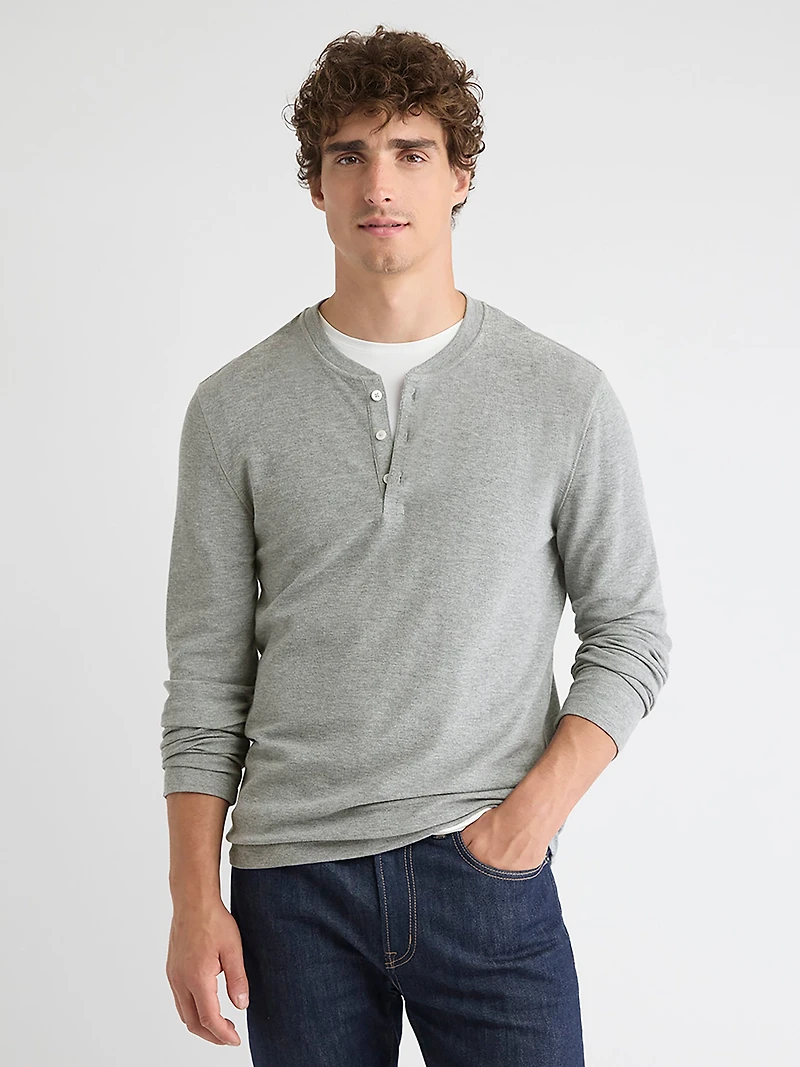 T-shirt Gaufré à Manches Longues et Col Henley