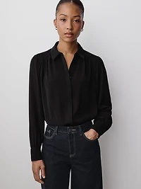 Silky Crepe Long-Sleeve Buttoned-Down Blouse