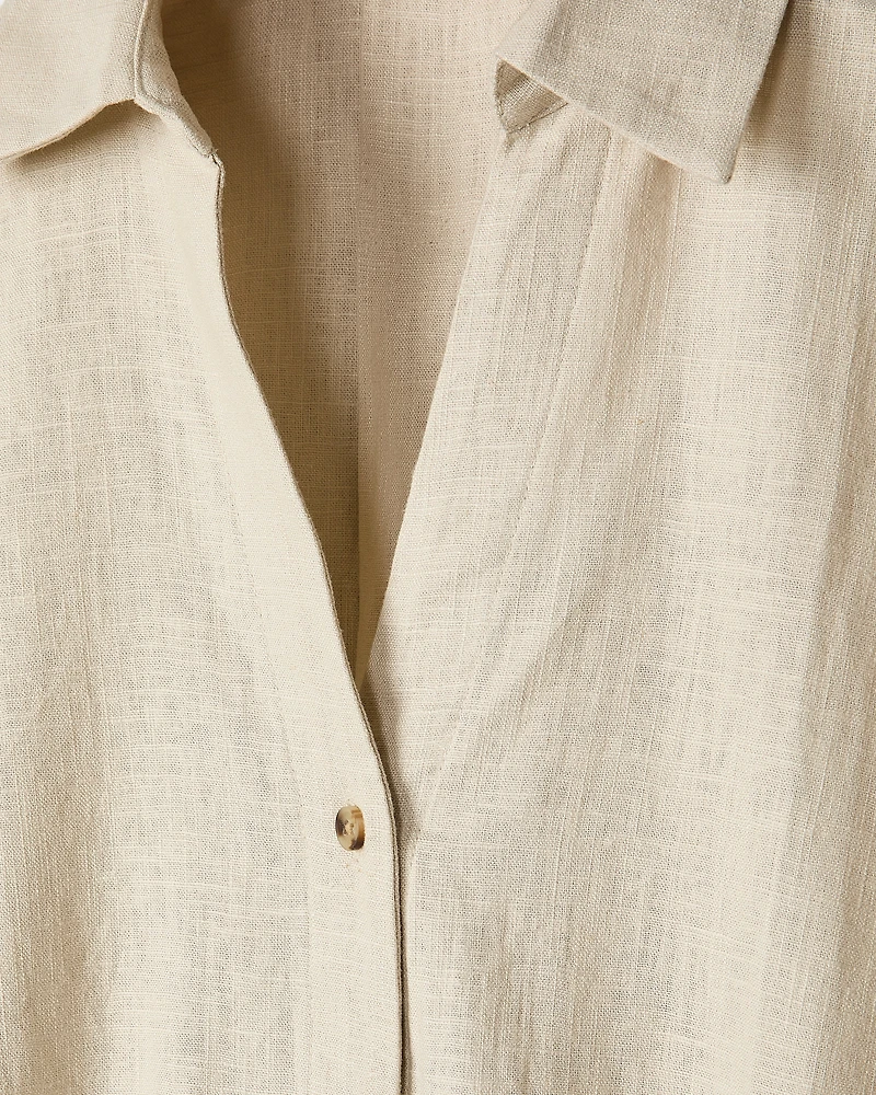 Blouse en Mélange de Lin à Manches Courtes et Col Chemisier