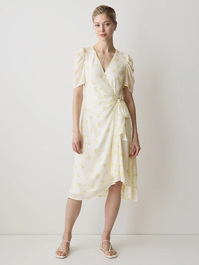Short-Sleeve Chiffon Midi Dress with Lace Trim