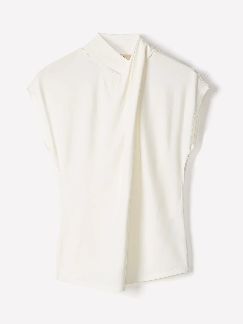 Extended-Sleeve Top with Crossover Draped Mock Neckline