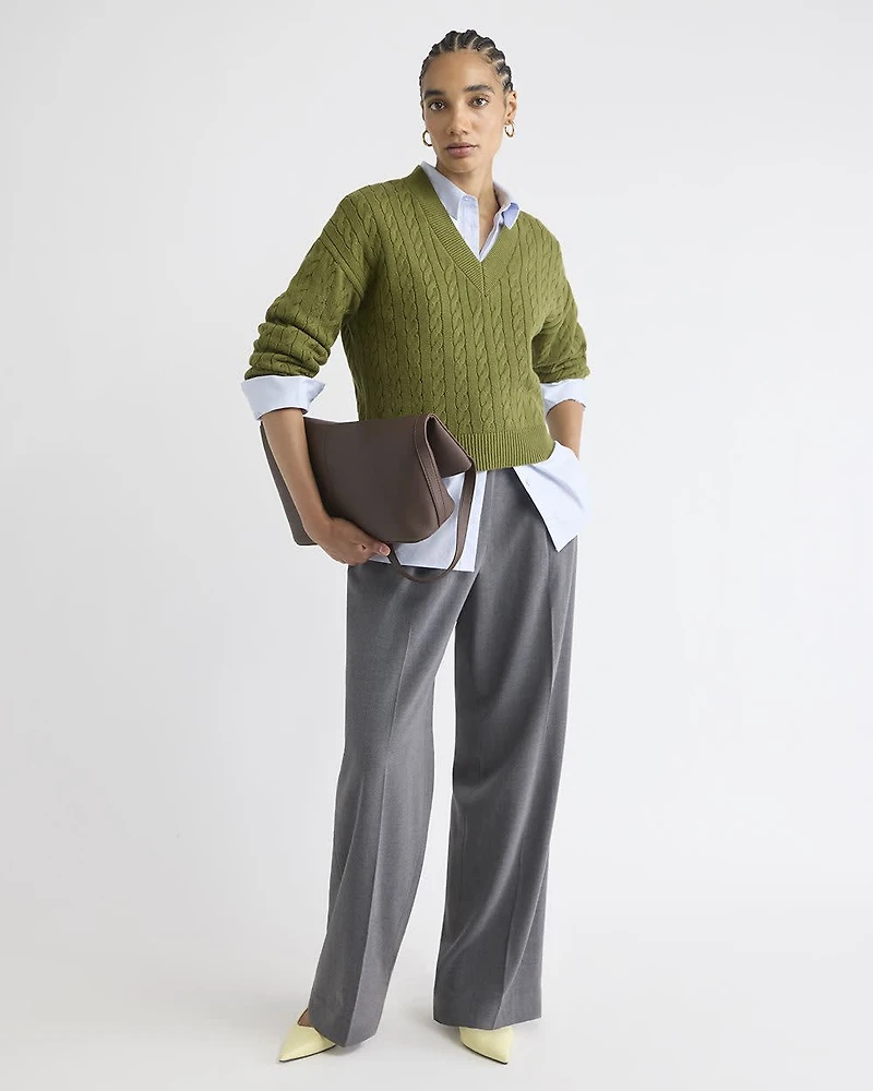 Long-Sleeve V-Neck Cable-Stitch Merino-Blend Sweater