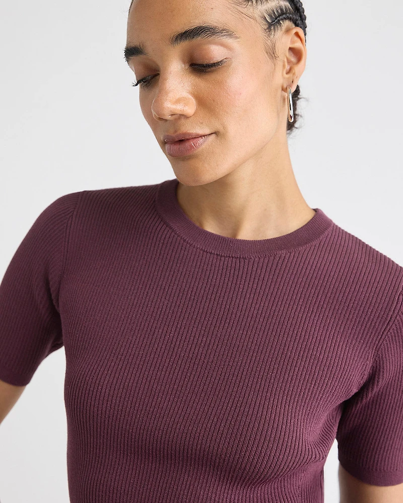 Elbow-Sleeve Ribbed Sweater with Removable Shirt Collar