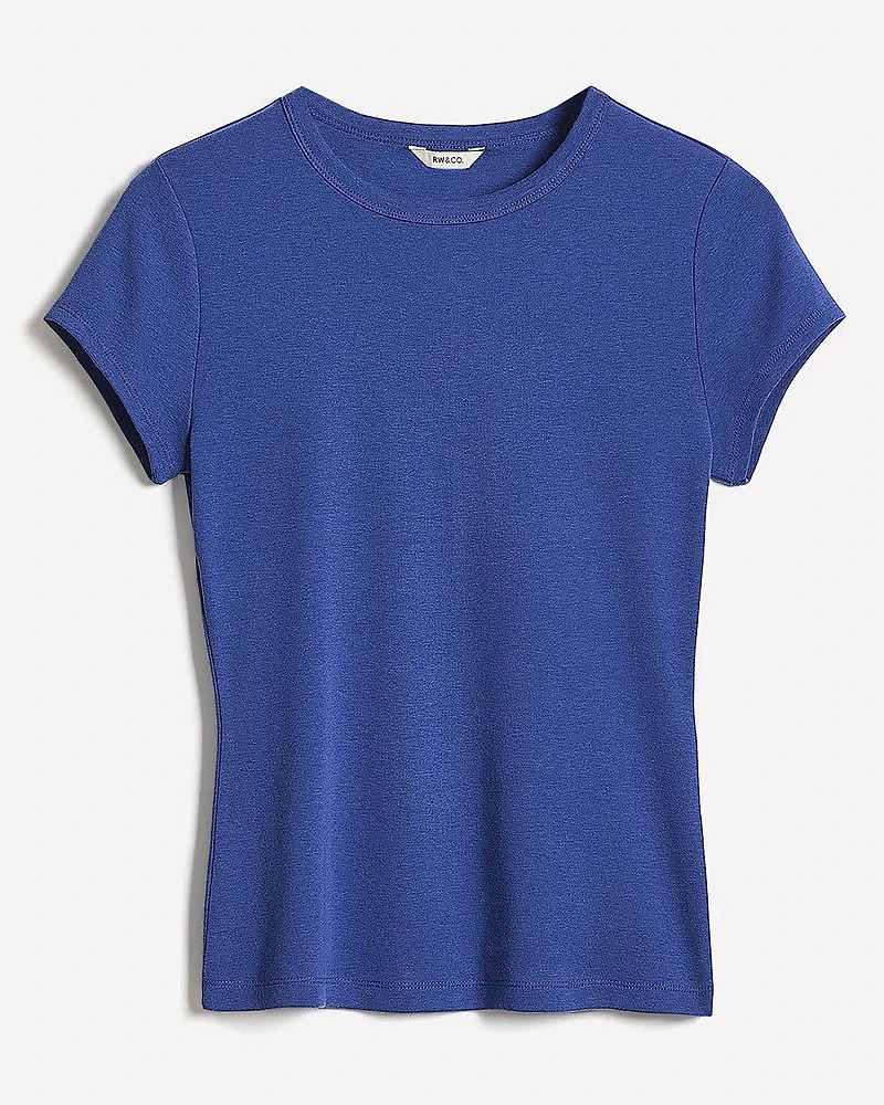 T-Shirt Côtelé à Manches Courtes et Col Rond