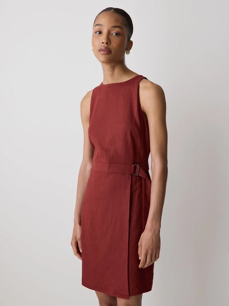 Robe Courte Sans Manches à Col Bateau en Mélange de Lin