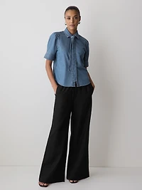 Pantalon en Lin à Taille Mi-Haute et Jambe Large