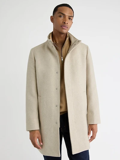 Manteau Classique en Laine Unie à Col Montant avec Plastron