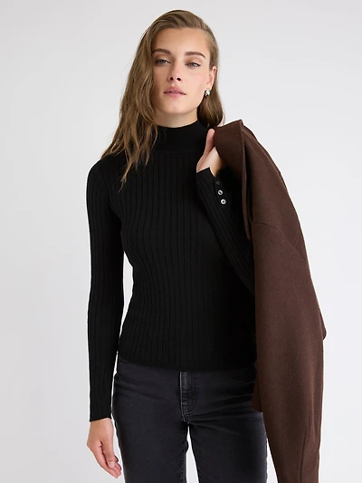 Mock-Neck Sweater with Buttons on Sleeves
