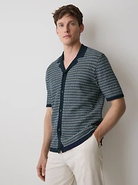 Pull Rayé à Boutonner Manches Courtes et Col Camp