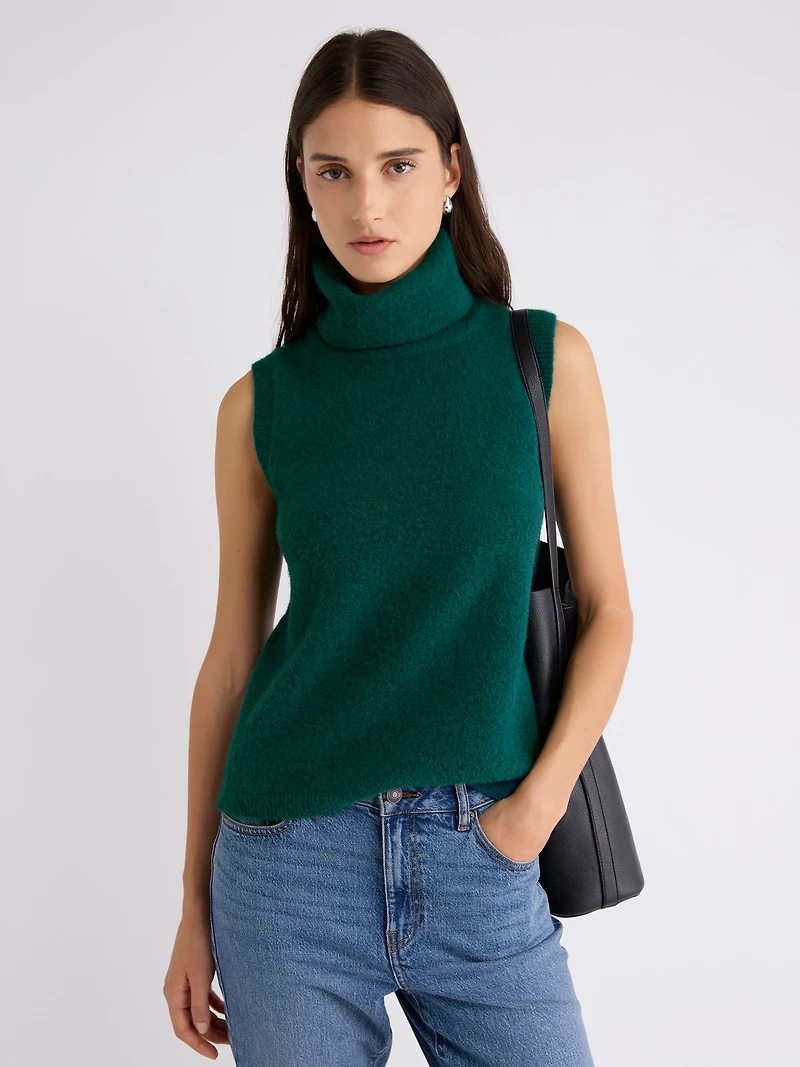 Veste Sans Manches à Col Roulé en Tricot Pelucheux