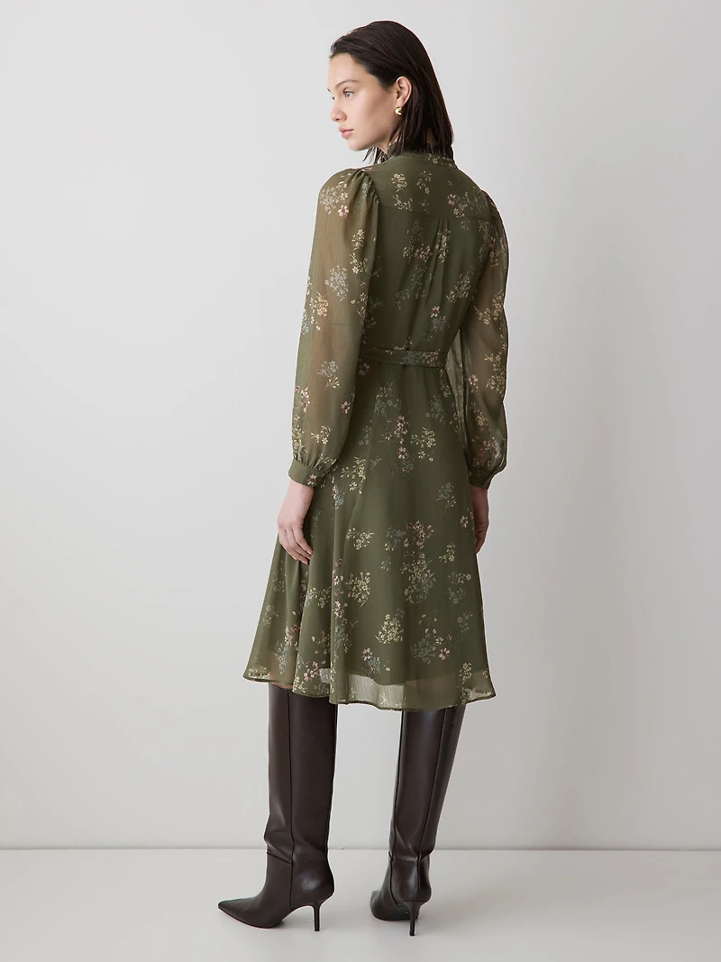 Long-Sleeve Mock-Neck Buttoned-Down Midi Dress