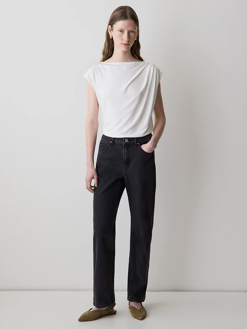 Extended-Sleeve Boat-Neck Top with Pleated Details