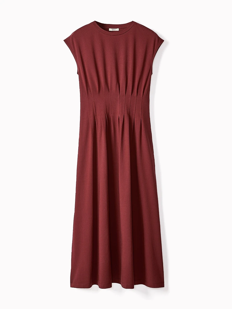 Extended-Sleeve Crew-Neck Midi Dress with Pintucks