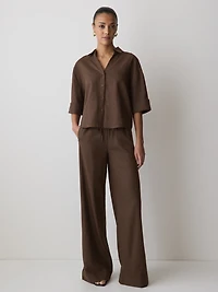 Blouse en Mélange de Lin à Manches Courtes et Col Chemisier