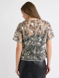 Short-Sleeve Crew-Neck Sequins Popover Blouse