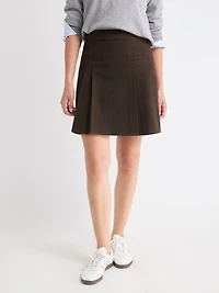 Jupe Mini Plissée en Sergé Carreauté à Taille Très Haute