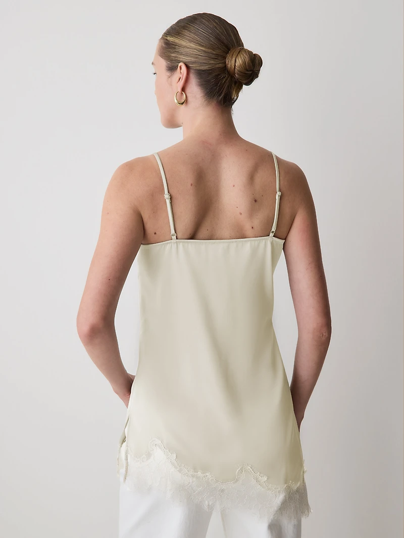 Blouse Sans Manches à Col V en Satin avec Garnitures Dentelle