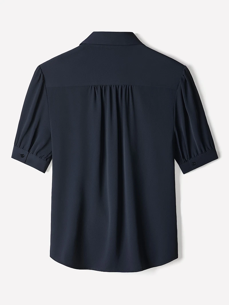 Silky Crepe Short-Sleeve Buttoned-Down Blouse