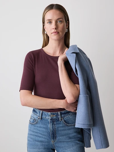 T-Shirt Côtelé à Manches aux Coudes et Col Rond