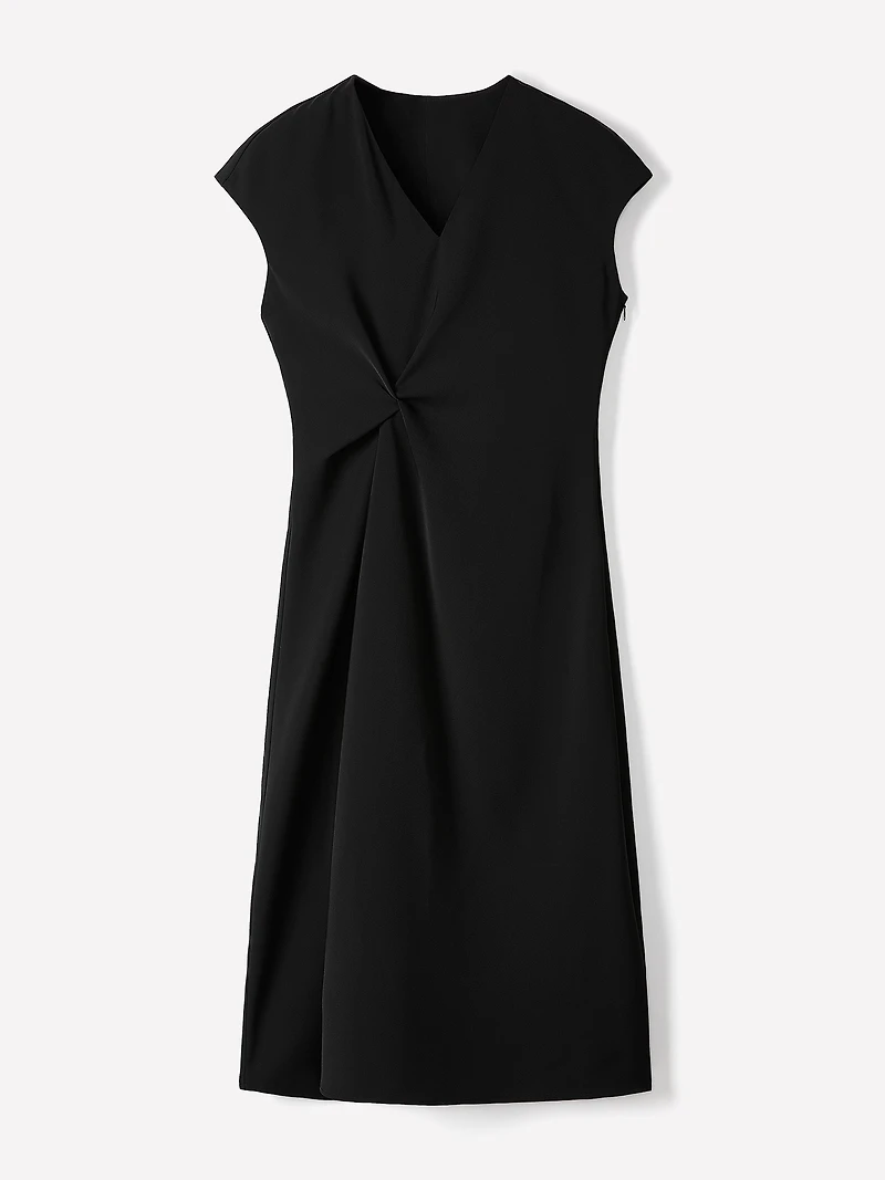 Robe Midi en Sergé à Manches Très Courtes et Col V