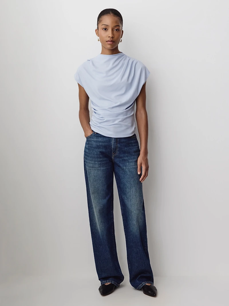 Extended-Sleeve Crew-Neck Draped Top