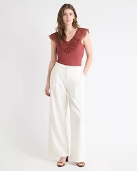 V-Neck Ribbed Top with Short Flutter Sleeves