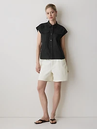 Linen-Blend Extended-Sleeve Blouse with Shirt Collar