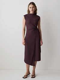 Robe Midi à Manches Courtes et Col Montant avec Jupe Portefeuille