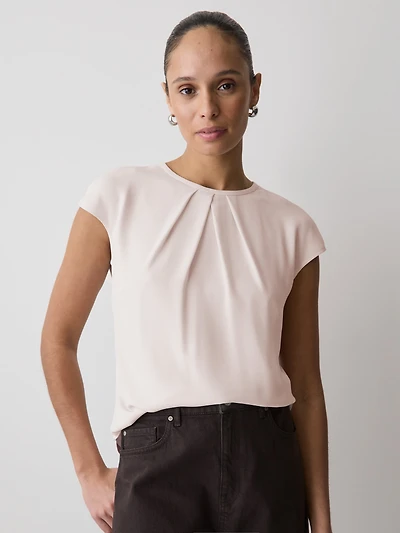 Mix-Media Cap-Sleeve Crew-Neck Blouse