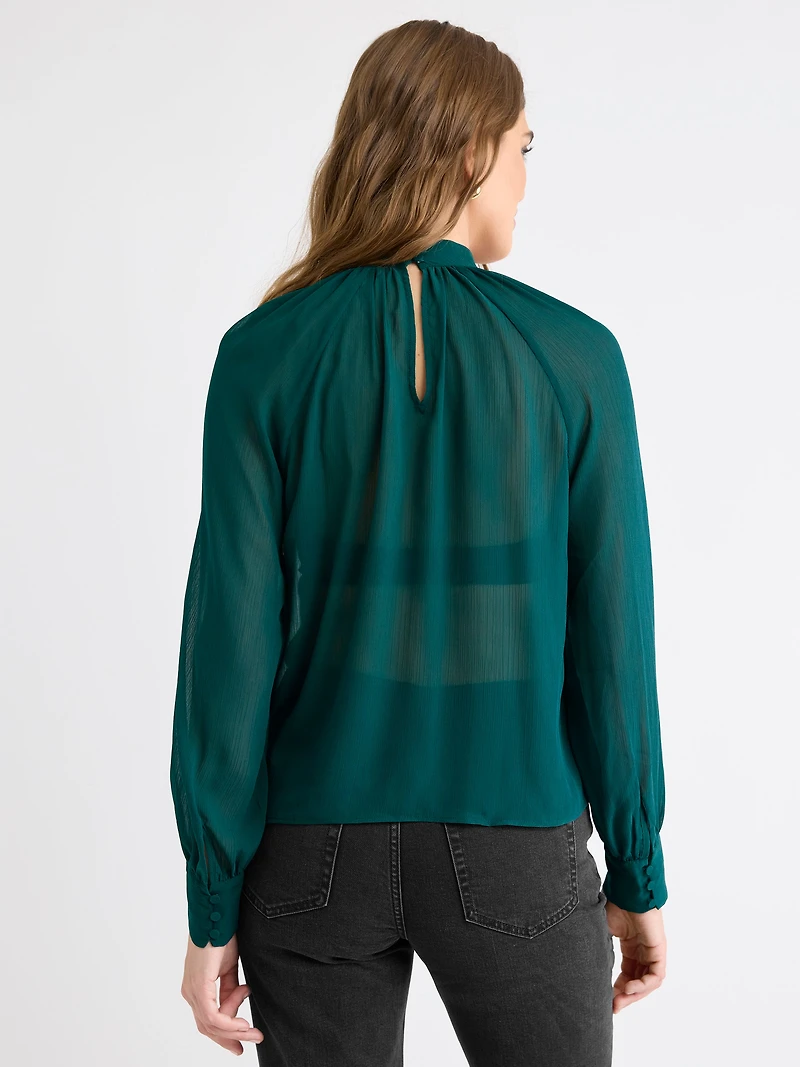 Long-Sleeve Chiffon Popover Blouse