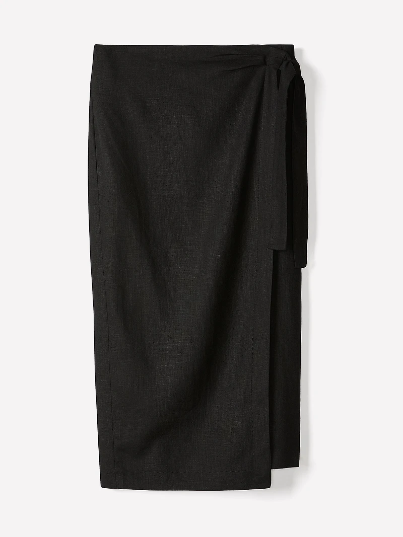 Linen-Blend Straight Midi Skirt with Wrap Front