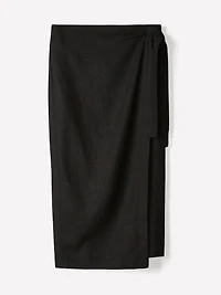 Linen-Blend Straight Midi Skirt with Wrap Front