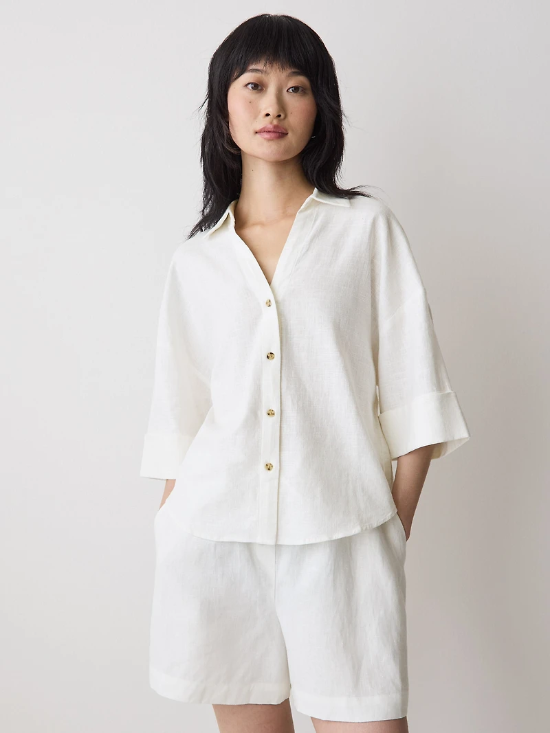 Blouse en Mélange de Lin à Manches Courtes et Col Chemisier