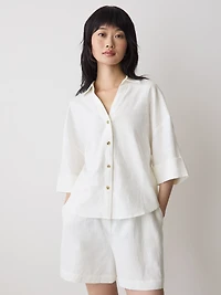 Blouse en Mélange de Lin à Manches Courtes et Col Chemisier