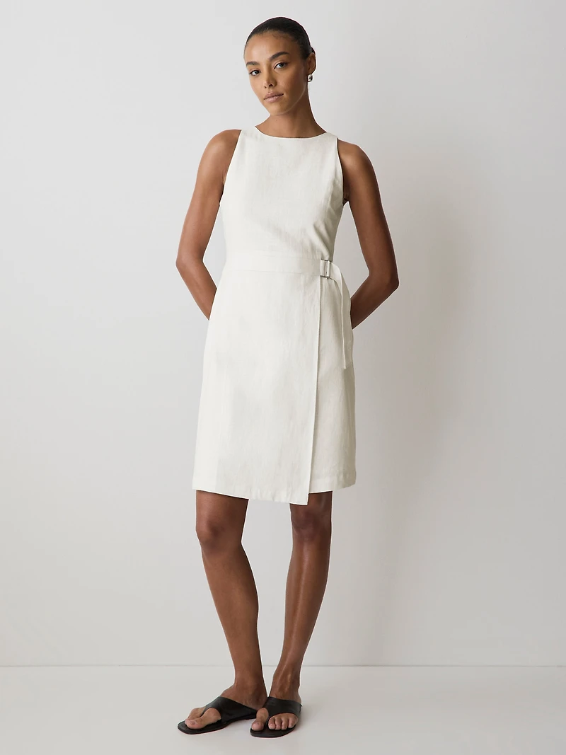 Robe Courte Sans Manches à Col Bateau en Mélange de Lin