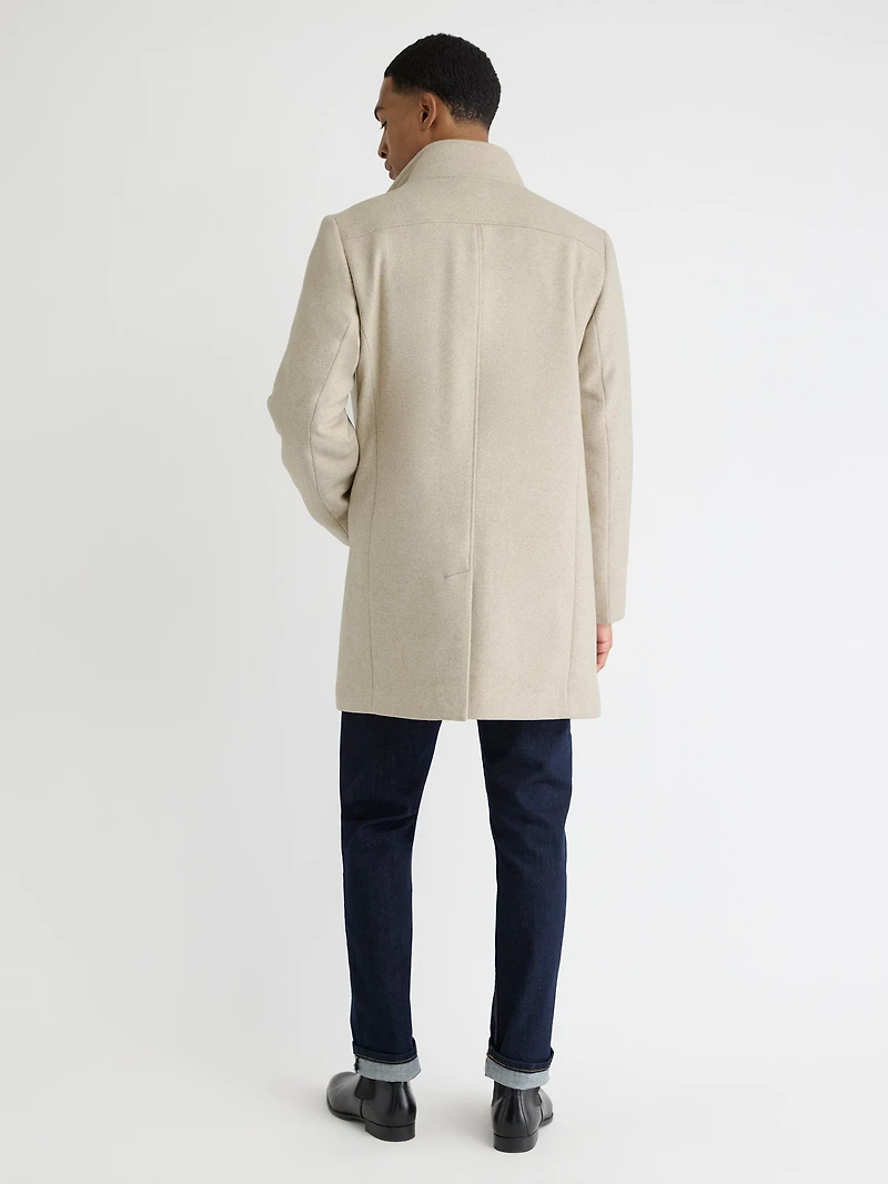 Manteau Classique en Laine Unie à Col Montant avec Plastron