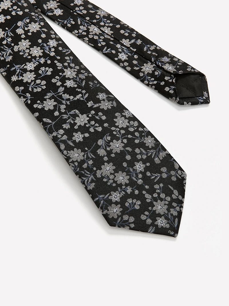 Cravate Étroite Noire à Motif Floral