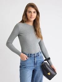 T-Shirt Côtelé à Manches Longues et Col V