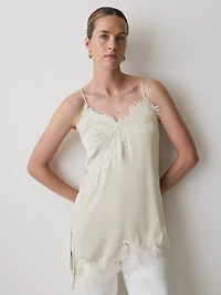 Sleeveless V-Neck Satin Blouse with Lace Trims