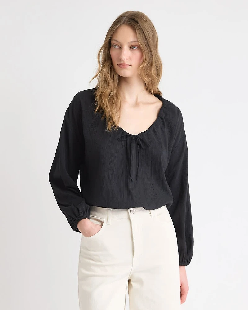 Blouse en Gaze à Manches Longues et Col U