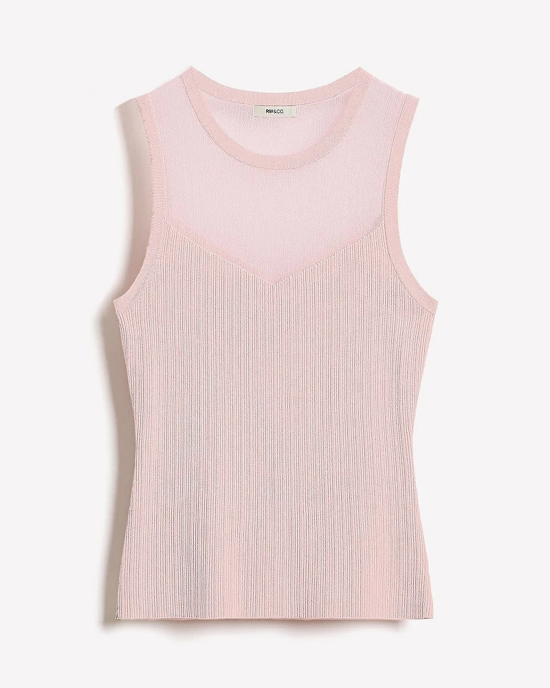 Crew-Neck Ribbed Cami with Sheer Yoke
