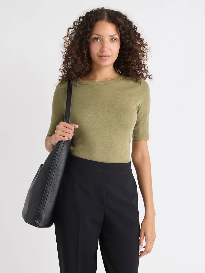 T-Shirt Ajusté à Manches aux Coudes et Col Rond